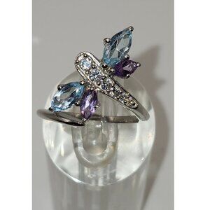 .925 Sterling Silver Dragonfly Amethyst/Topaz/CZ Ring Size 8.5 Value $495